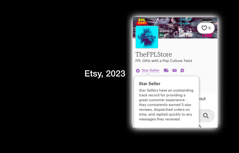 Etsy store page for 'TheFPLStore' with a black background and 'Etsy, 2023' text.