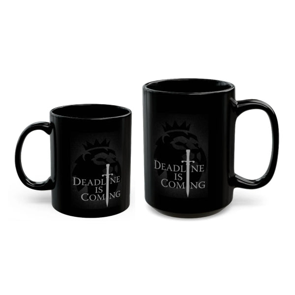 Two black mugs with 'Deadline is Coming' text and logo on a white background