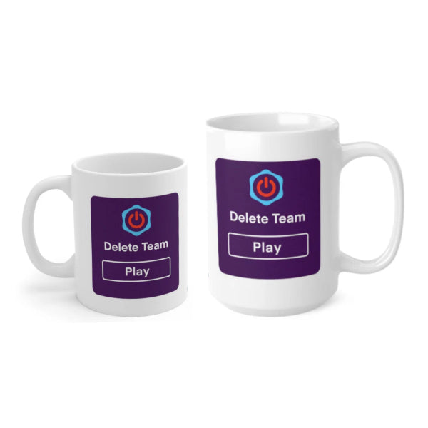 Two white mugs with purple panels featuring text and icons on a white background