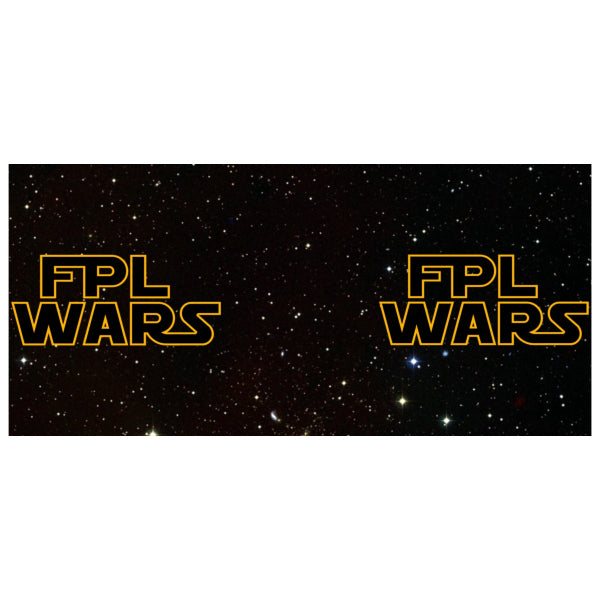 Two 'FPL Wars' logos on a starry space background