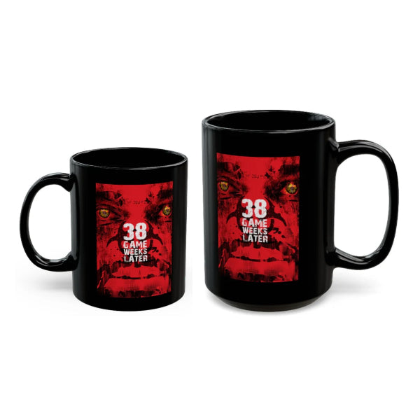 Two black mugs with red graphic designs and '38 Game Weeks Later' text on a white background