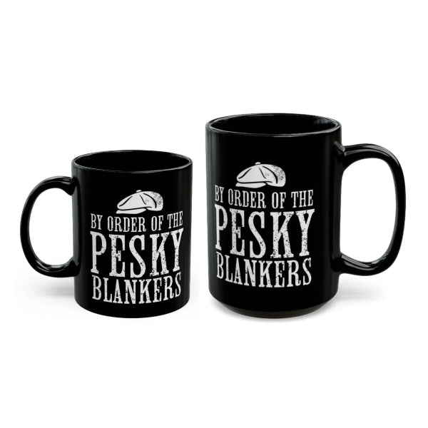 Two black mugs with white text and graphics on a white background