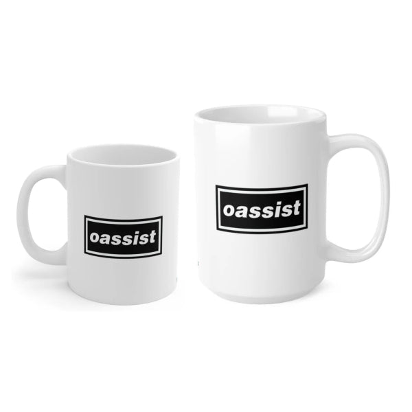 Two white mugs with 'oassist' branding on a white background