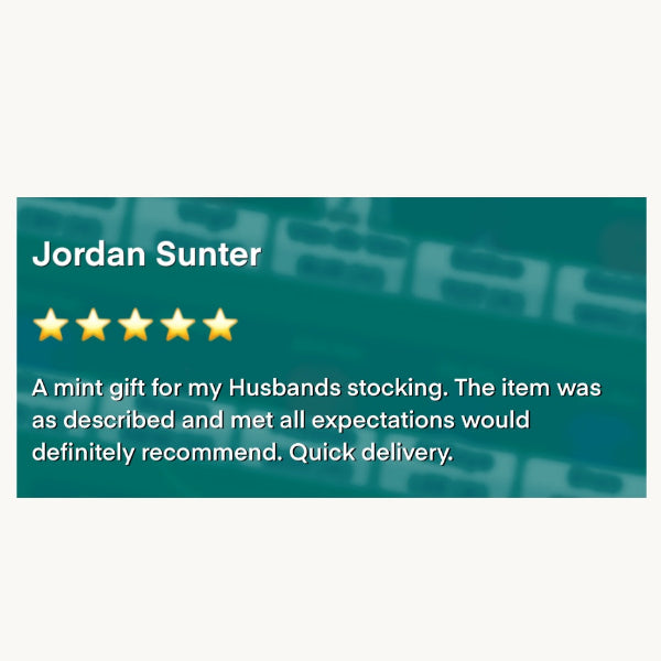 Product review with star rating and text on a green background