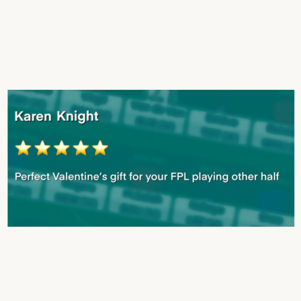 Five-star review for a Valentine's Day gift on a green background with blurred text.