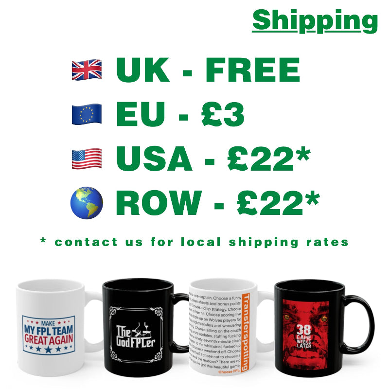 Mugs with various designs and shipping information on a white background