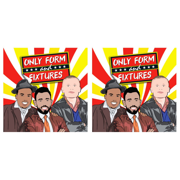 Cartoon illustration of three men with a 'Only Form and Fixtures' sign on a white background
