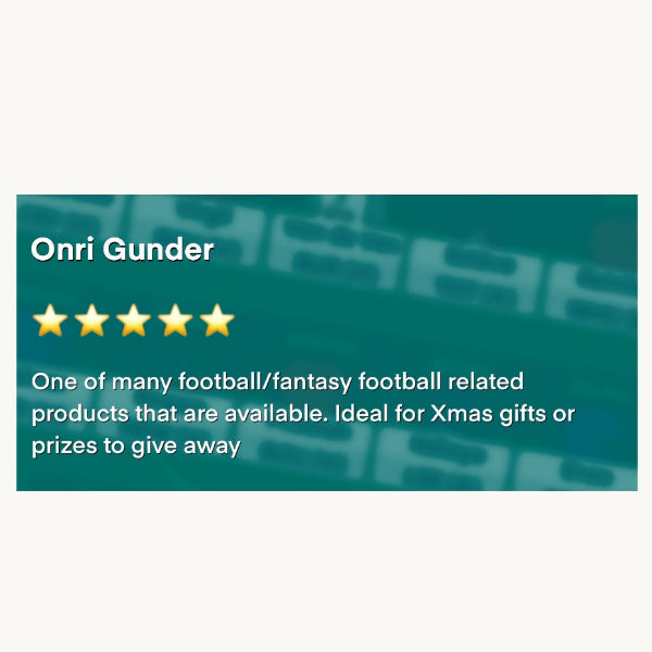 Product review with five stars and text about football/fantasy football related items on a green background.