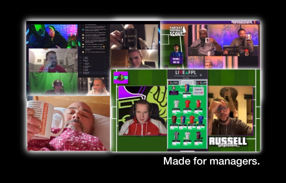 Multiple video call screens with people and a sports management game interface, labeled 'Made for managers'.
