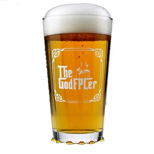 Pint glass filled with beer and 'The GodFPLer' logo on a white background