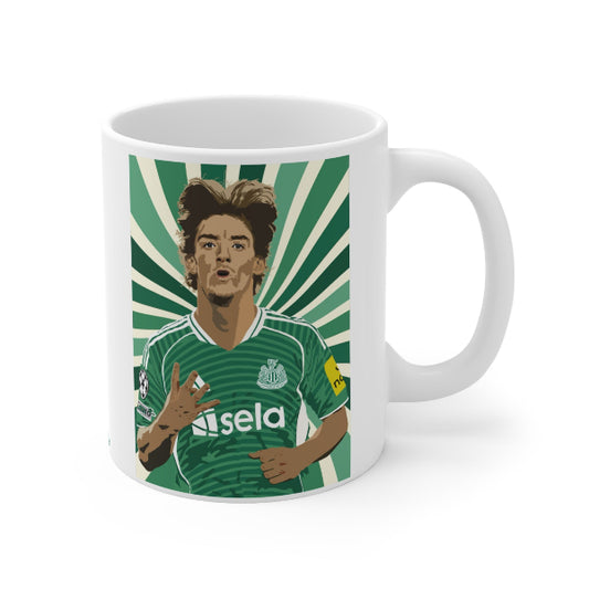 Mug with a graphic of a person in a green sports jersey on a white background