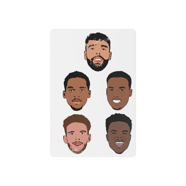 A rectangular sticker sheet featuring five illustrated male faces of varying ethnicities and hairstyles, arranged on a light gray background.