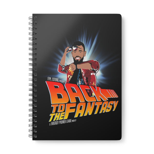 Notebook with a superhero design and 'Back to the Fantasy' text on a black background