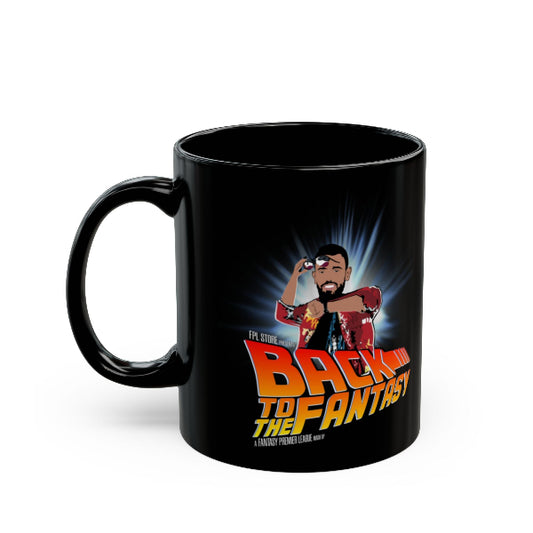 Black mug with 'Back to the Fantasy' graphic design on a white background