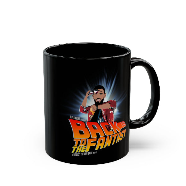Black mug with 'Back to the Fantasy' design featuring a character holding a drink.