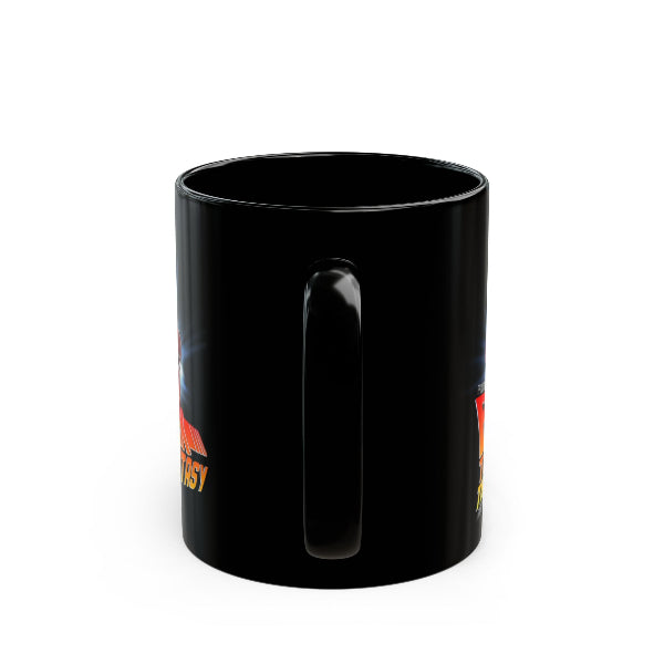 Black mug with a colorful design on a white background