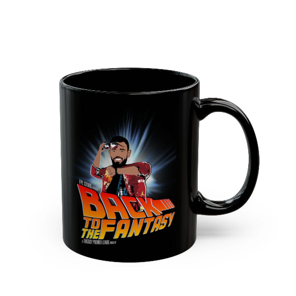 Black mug with a graphic design featuring a person in a red outfit and text 'Back to the Fantasy' on a white background.