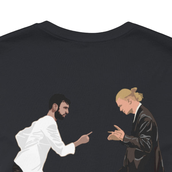 Black t-shirt with an illustration of two men pointing at each other on a white background