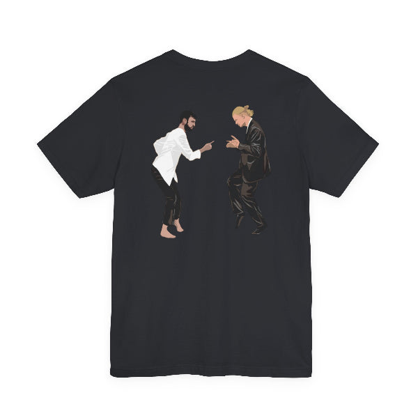 Black t-shirt with a graphic of a surfer on a wave on the back, on a white background