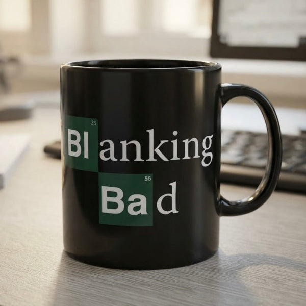 A black ceramic mug with a handle, printed with the phrase 'Blanking Bad' in white text over green periodic-table-style blocks, sitting on a light gray tabletop with a blurred office background.