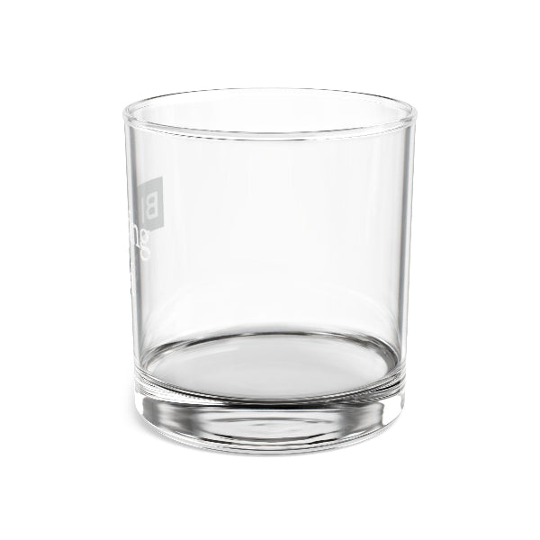 Clear glass tumbler with a logo on a white background