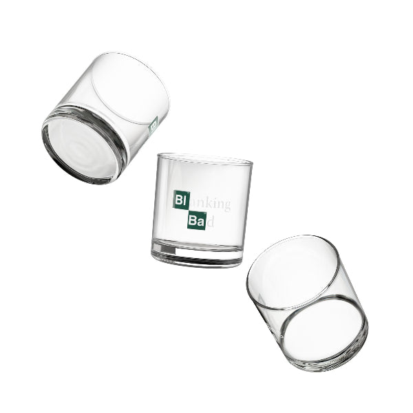 Three clear glass tumblers with 'Breaking Bad' logo on a white background