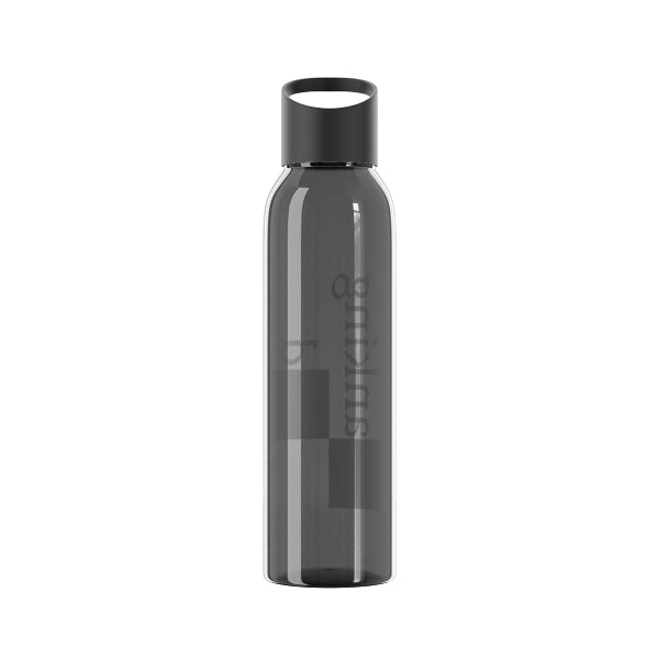 Black water bottle with a logo on a white background
