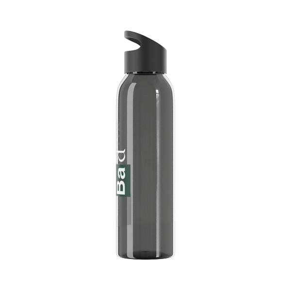 Gray water bottle with black cap on a white background