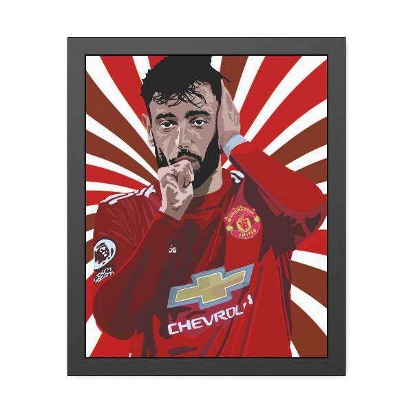Framed artwork of a soccer player in a red jersey with a prominent logo on a white background