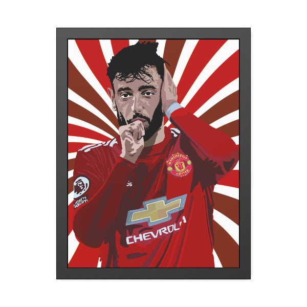 Framed artwork of a soccer player in a red jersey with a sunburst background