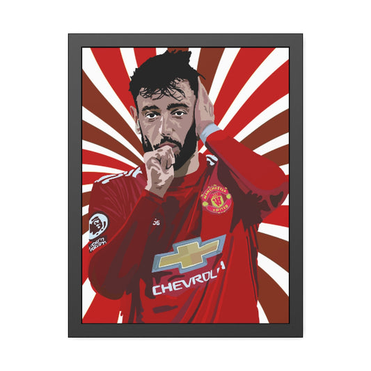 Framed artwork of a soccer player in a red jersey with a sunburst background