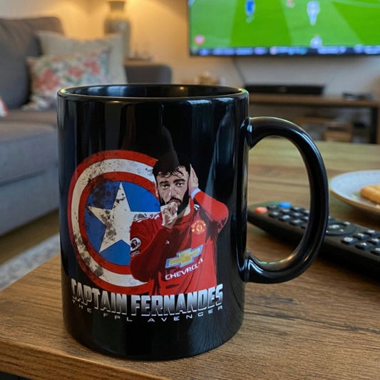 Black mug with a superhero-themed design of a football player on a table in a living room.