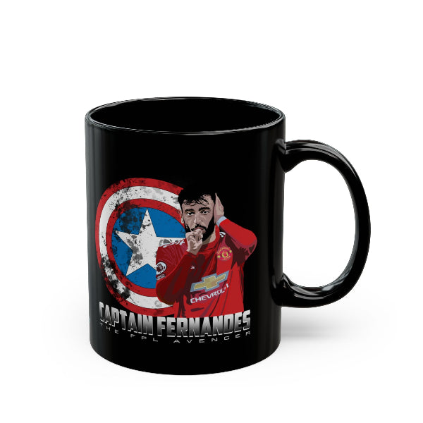 Black mug with a superhero-themed design featuring a person in a red shirt and Captain America shield.
