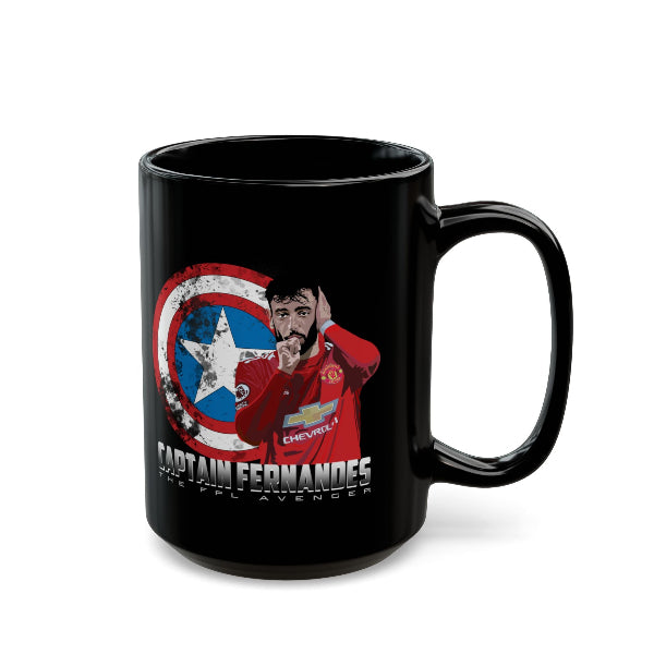 Black mug with a superhero-themed design featuring a person in a red jersey on a white background