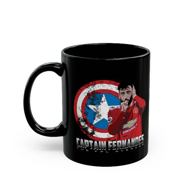 Black mug with Captain America shield design and text on a white background