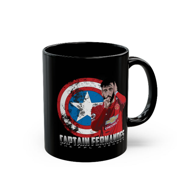 Black mug with Captain America shield design featuring a person in a red jacket, on a white background.