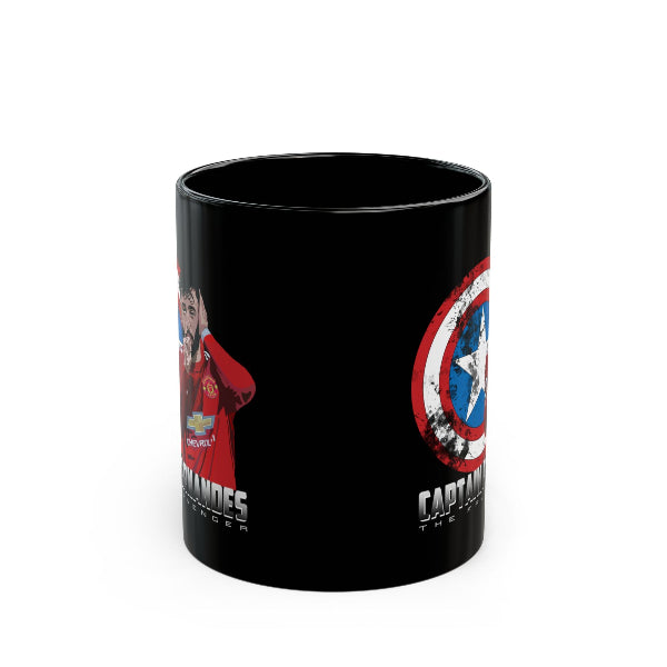 Black mug with Captain America design on a white background