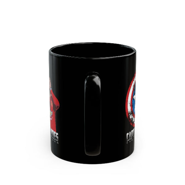 Black mug with Captain America logo on a white background