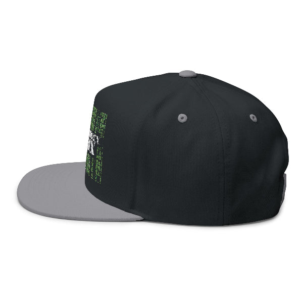 Black and gray cap with text on a white background