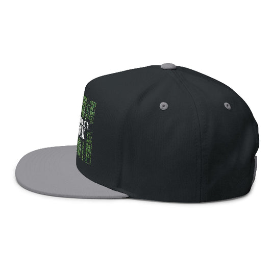 Black and gray cap with text on a white background