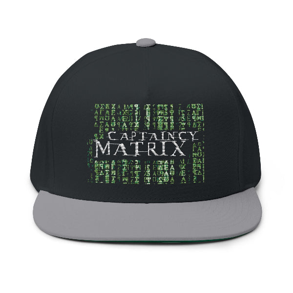 A black baseball cap with a gray flat brim, featuring a front graphic that reads 'CAPTAINY MATRIX' in white over a green digital matrix-style text pattern, shown on a plain white background.