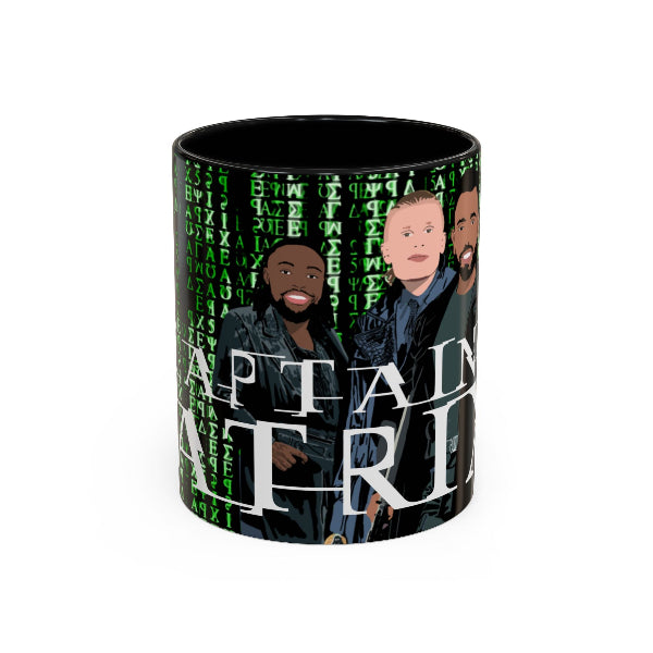 Mug with 'Captaincy Matrix' design featuring caricatures and text on a white background