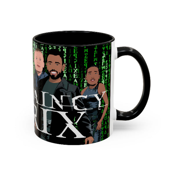 Black mug with graphic design of three people and text on a white background