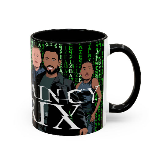 Black mug with graphic design of three people and text on a white background