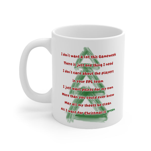 A white ceramic mug with a green hand-drawn Christmas tree graphic and red text displaying a FPL (Football Premier League) slogan about not wanting a lot of gameweek stress.