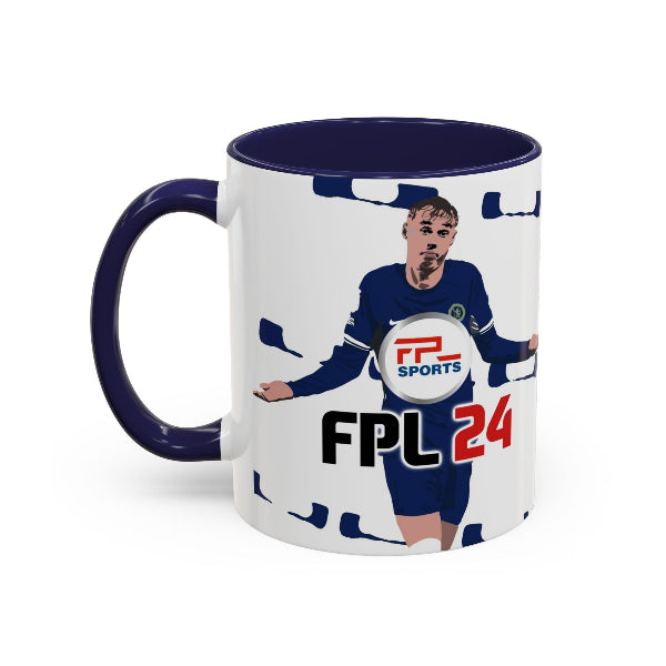 A white ceramic mug with a dark navy blue handle and interior, featuring a graphic print of a football player in a navy blue jersey with the text 'FPL SPORTS' and 'FPL 24'.