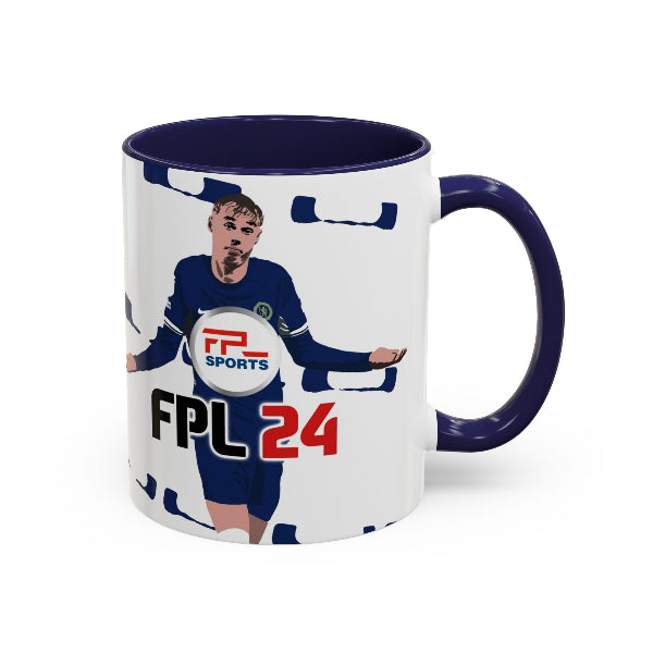 A white ceramic mug with a dark navy blue interior, handle, and rim, featuring a graphic print of a football player in a navy jersey with the 'FPL SPORTS' logo and 'FPL 24' text.