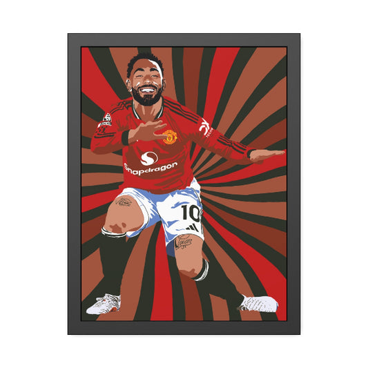 Framed artwork of a soccer player in a red jersey with a starburst background