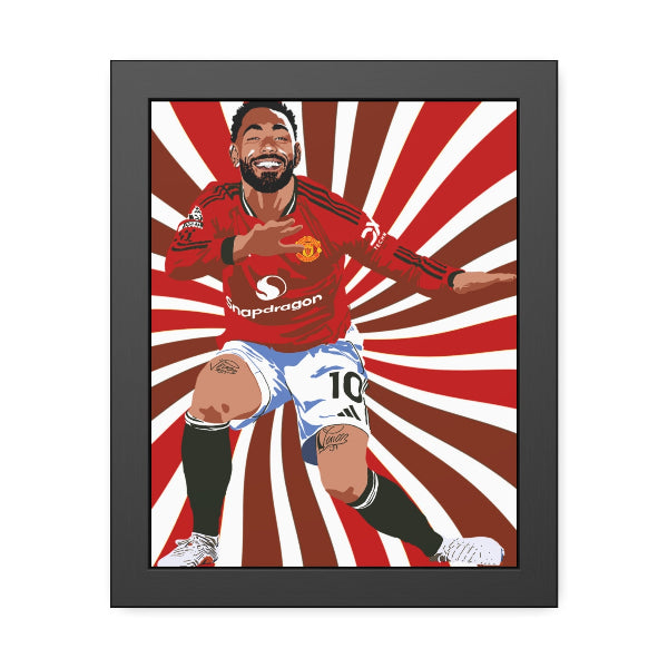 Framed artwork of a soccer player in a red jersey with a sunburst background