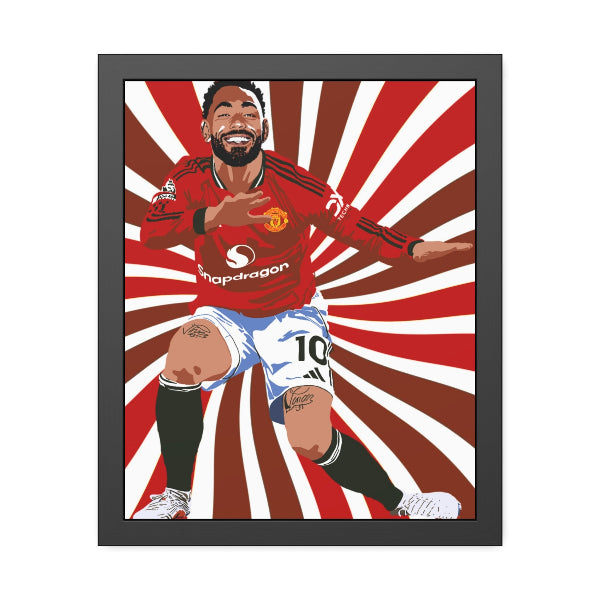 Framed artwork of a soccer player in a red jersey with a sunburst background